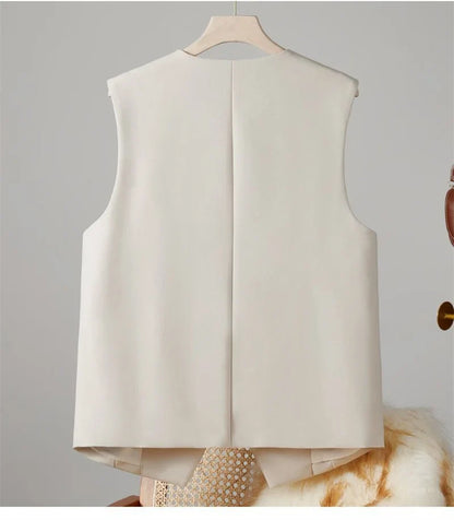 2025 New Women's Blazer High End Casual Vest Waistcoat Female Commuting Slimming Collar Less Sleeveless Short Suit Jacket Lined
