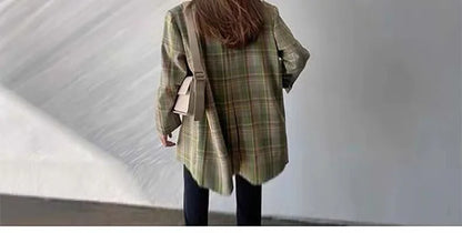 Spring Autumn 2024 British Style Women's Long Sleeve Loose Casual Plaid Jacket Elegant Outerwear Top Trendy Commute Wind