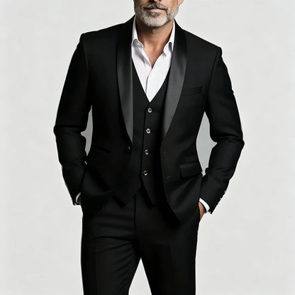 Costume 3 pièces pour homme à revers châle — Coupe ajustée, à simple boutonnage, idéal pour les mariages, les banquets et diverses occasions décontractées