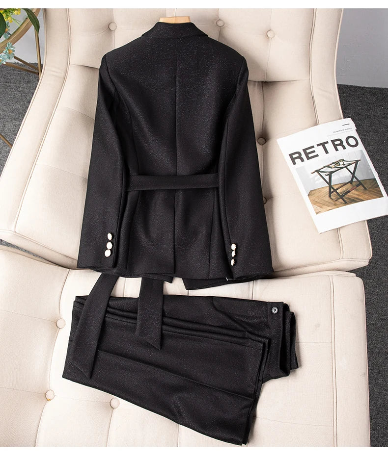 Autumn Winter New Women's Blazer Suit Trousers Two Piece Outfit 2025 New Fashion Lace Up Jacket and Pant Sets Office Wear