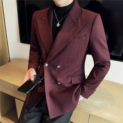 Autumn Winter Thickened Woolen Suit Jacket Men Double-breasted Casual Business Blazers Slim Fit Wedding Social Dress Coat M-4XL