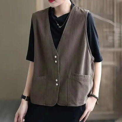 Korean Ladies Solid Color Casual Sleeveless Jacket Autumn Women V-neck Loose Waistcoat Coat Spring Female Fashion Vest Outwear