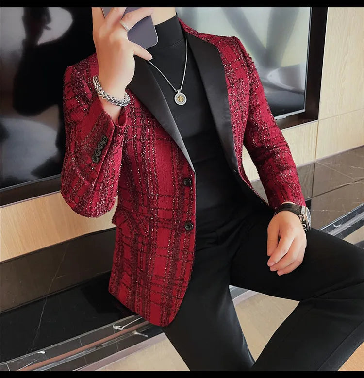 British Style Woven Suit Jacket Men Fashion Plaid Casual Business Blazer Gentleman Versatile Banquet Party Groom Wedding Coats