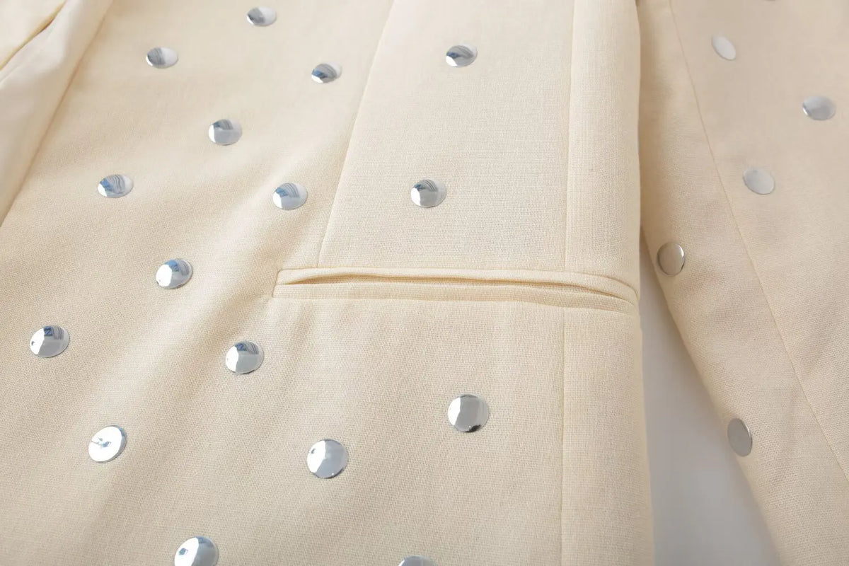 Women's Summer New Rivet Decorative V-neck No-button Casual Suit Jacket Female Temperature Sequin Suit Long Sleeve Jacket