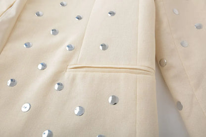 Women's Summer New Rivet Decorative V-neck No-button Casual Suit Jacket Female Temperature Sequin Suit Long Sleeve Jacket