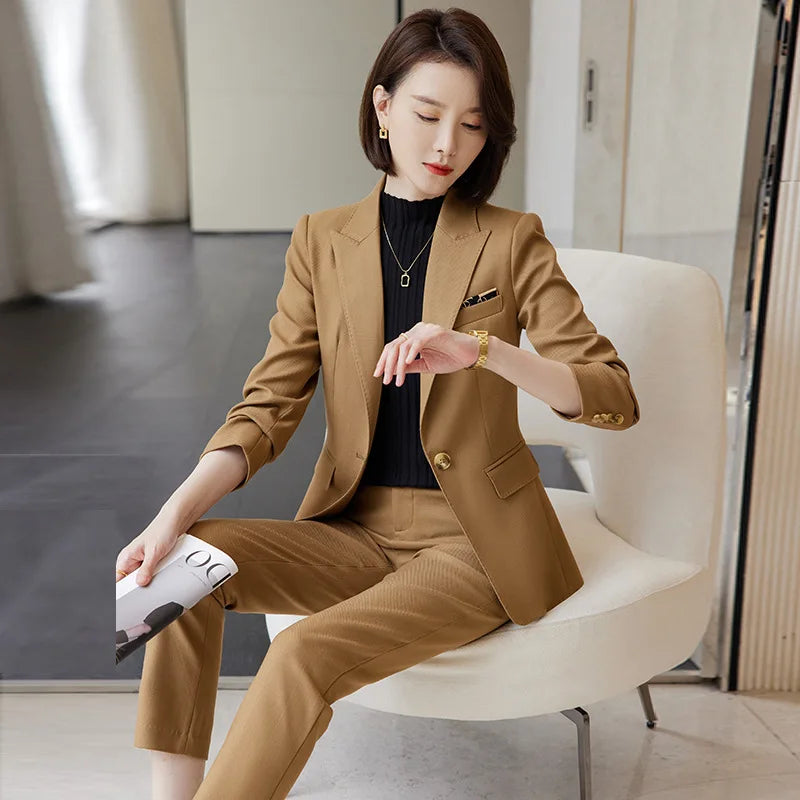 Ladies Blazer And Pant Suit Formal Army Green Khaki Gray Black Solid Women Jacket Trouser Female Business Work Wear 2 Piece Set