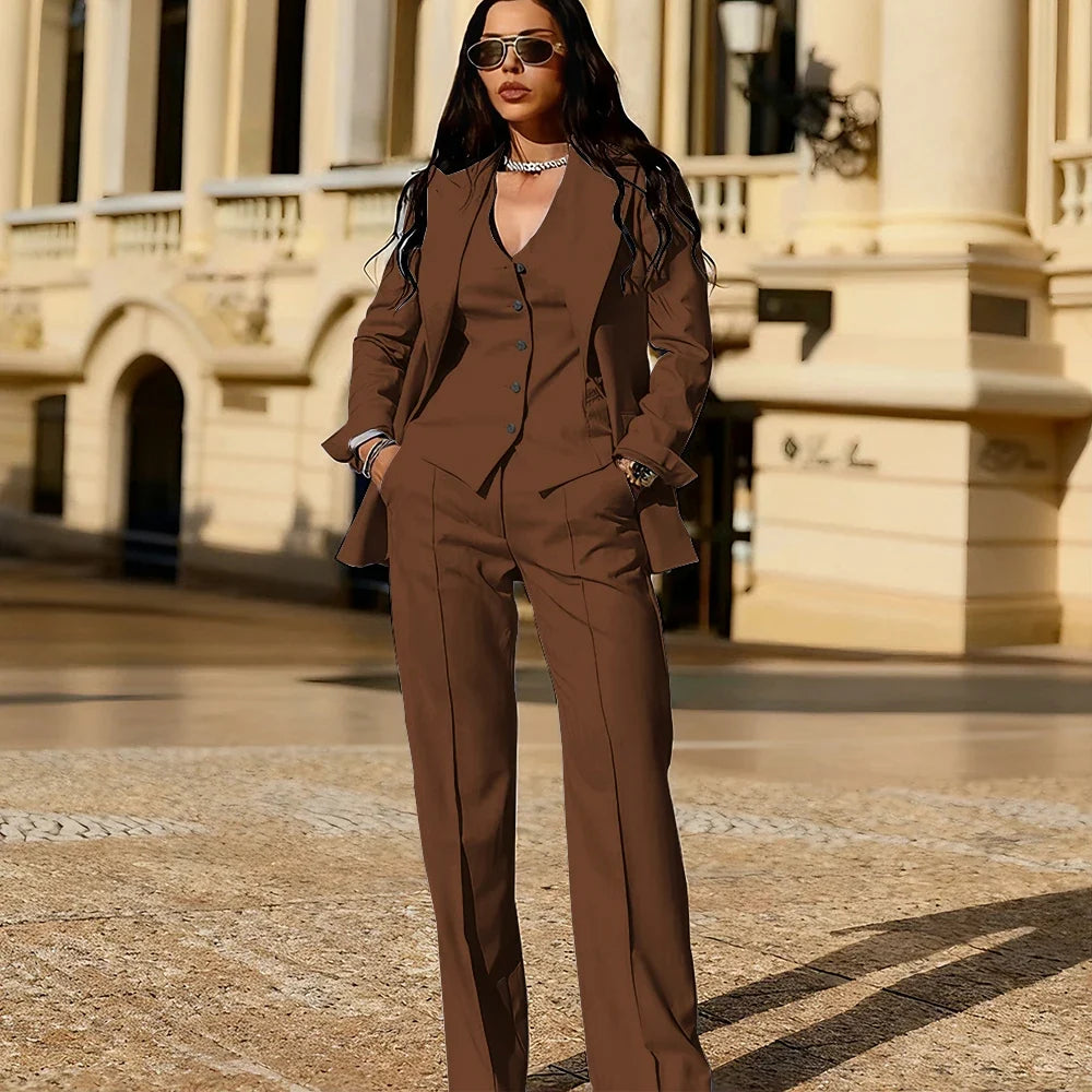 Light Blue 3 Piece Suit Set New Women's Jackets Single Breasted Peaked Lapel Blazer+Vest+Pants Formal Office Commute Outfit
