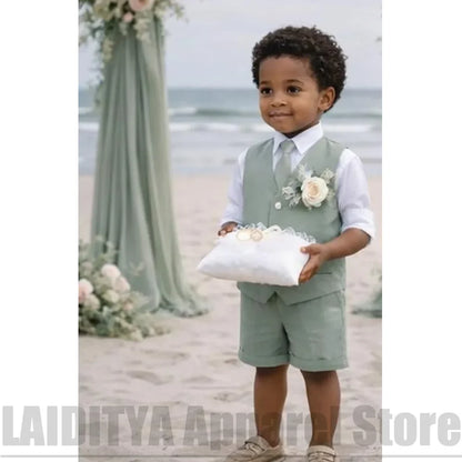 Chic Linen Boys Vest Shorts Suit Kids Beach Wedding Page Boy Outfit Summer Formal Birthday Gentleman Short Pants Set 2 Piece
