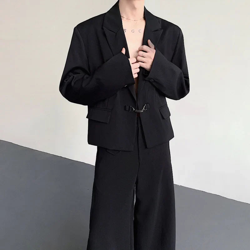 Fashion Korean Elegant Metal Buckle Placket Loose Blazer Coat Men 2025 New Solid Color Trendy Casual Male Clothes JY3447