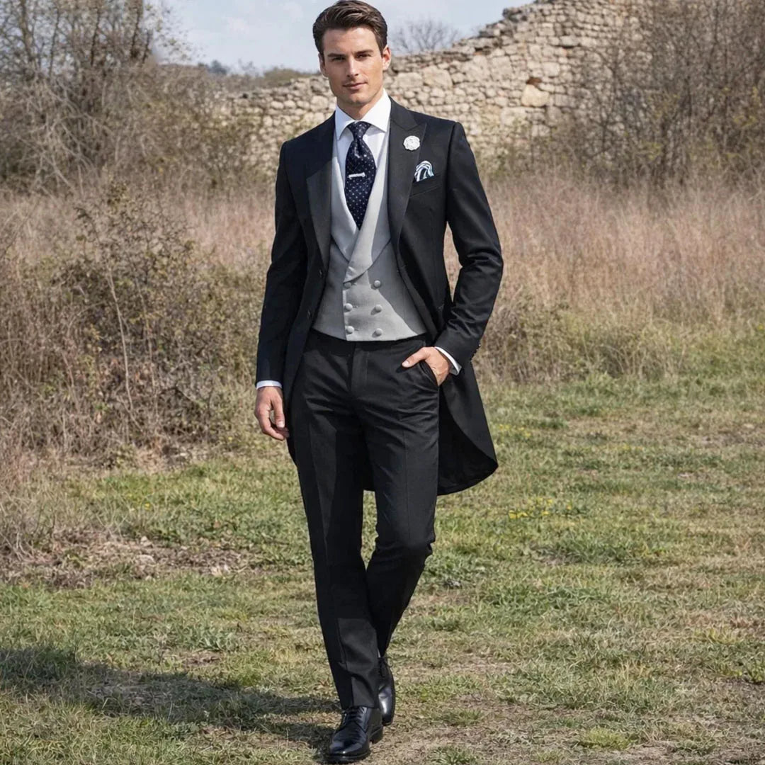 Men Suit Black 3 Pieces Gray Vest With Lapel For Wedding Birthday Banquet Party Business Work Office Tuxedo Jacket Vest Pants
