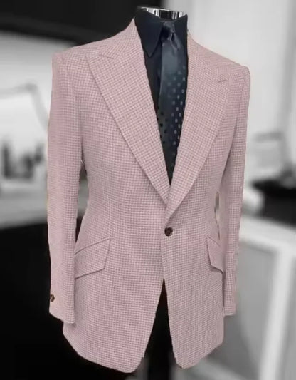 Formal Men's Jacket Houndstooth Woolen Brown Blazer with Peak Lapel Casual Wedding Business Party Coat Autumn Winter Customized