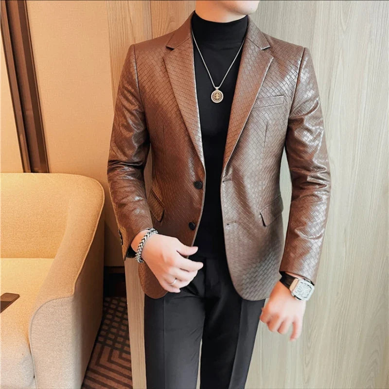 British Style Woven Suit Jacket Men Autumn Winter Lapel Casual Business Dress Coat Wedding Social Banquet Party Blazer Masculino