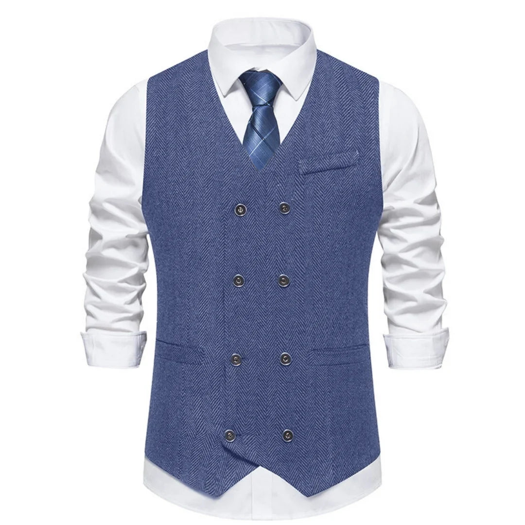 Men's Herringbone Vest Double Button V-Neck Waistcoat for Weddings & Business