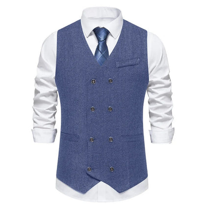Men's Herringbone Vest Double Button V-Neck Waistcoat for Weddings & Business
