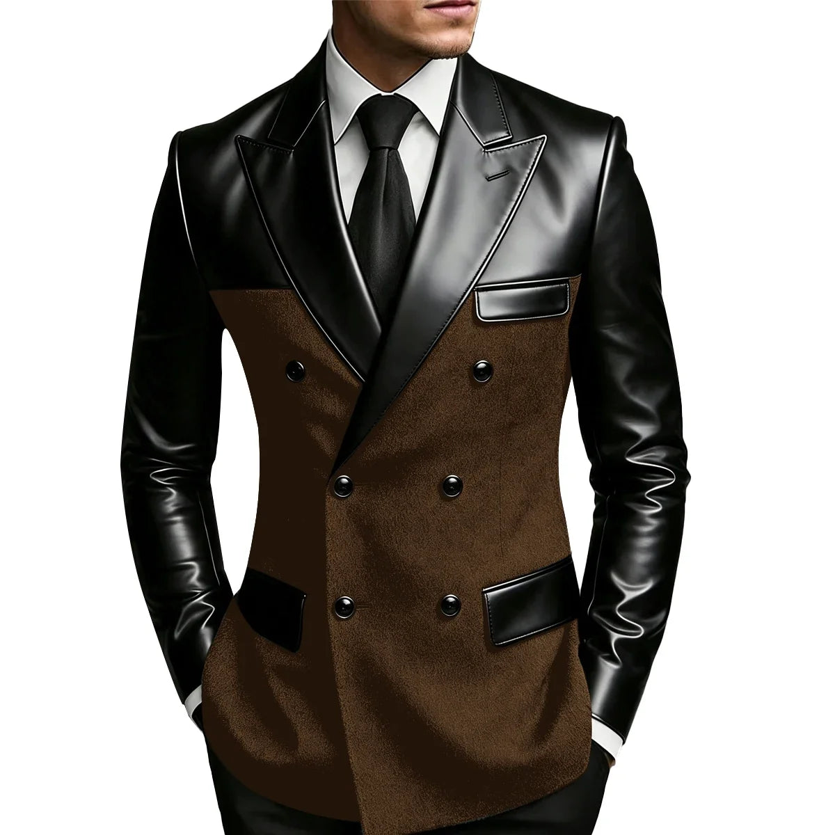 Men's Double Breasted Suit Blazer with Leather Patchwork for Weddings and Formal Events