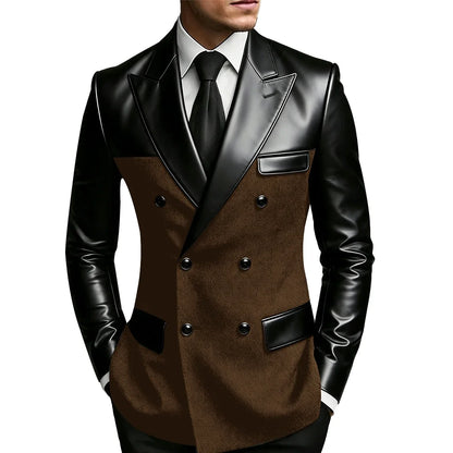 Men's Double Breasted Suit Blazer with Leather Patchwork for Weddings and Formal Events
