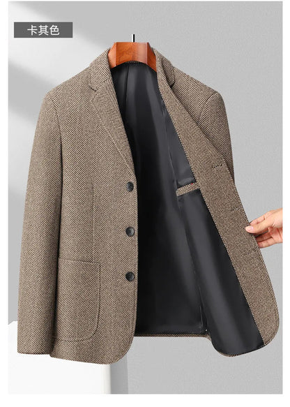 Men's Wool Blazer Herringbone Pattern Casual Business Suit Jacket Comfortable and Stylish Coat