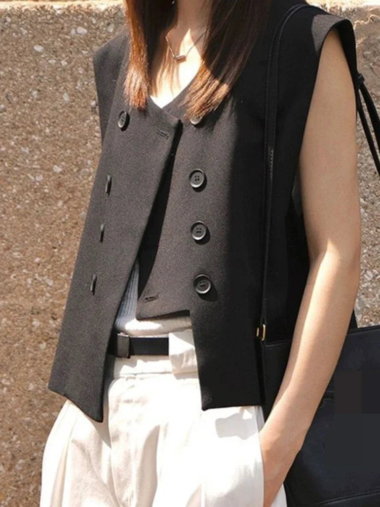 Black Suit Vest Jacket Women Irregular Top 2025 Spring Summer New Double Breasted Casual Thin Shoulder Waistcoat Female Clothes