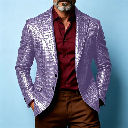 Luxury Men's Crocodile Pattern PU Leather Blazer Notch Lapel Single-Breasted 2 Button Slim Fit Jacket Business Casual for Man