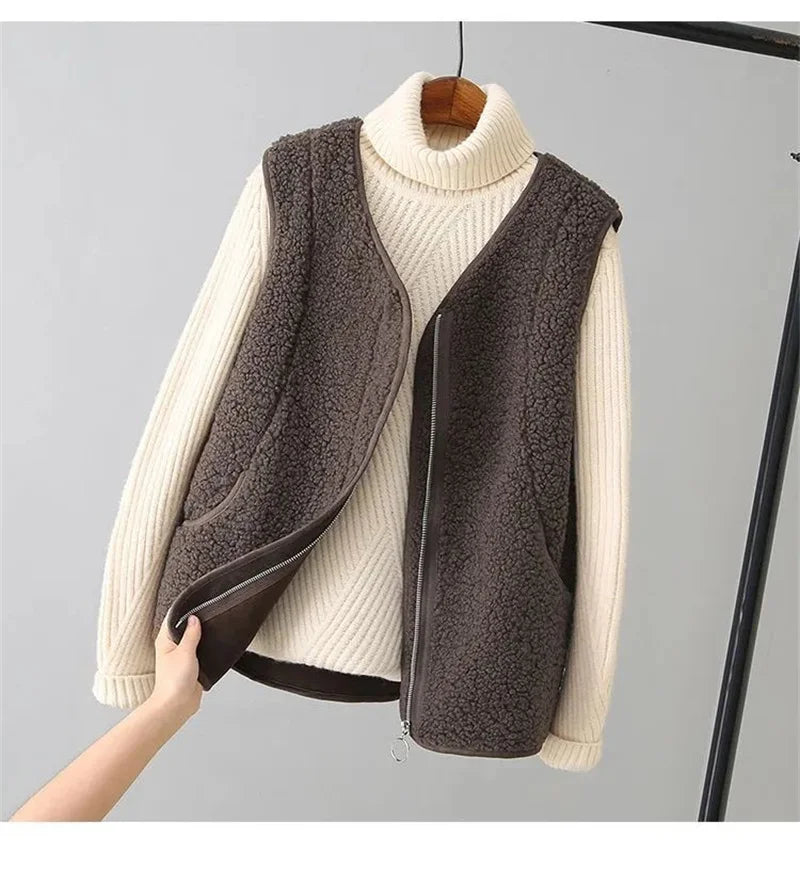 Women Fashion Large Size 4XL Vest Tops Coat Korean Female Waistcoat Jackets Autumn Winter Ladies Lamb Wool Sleeveless Outerwear