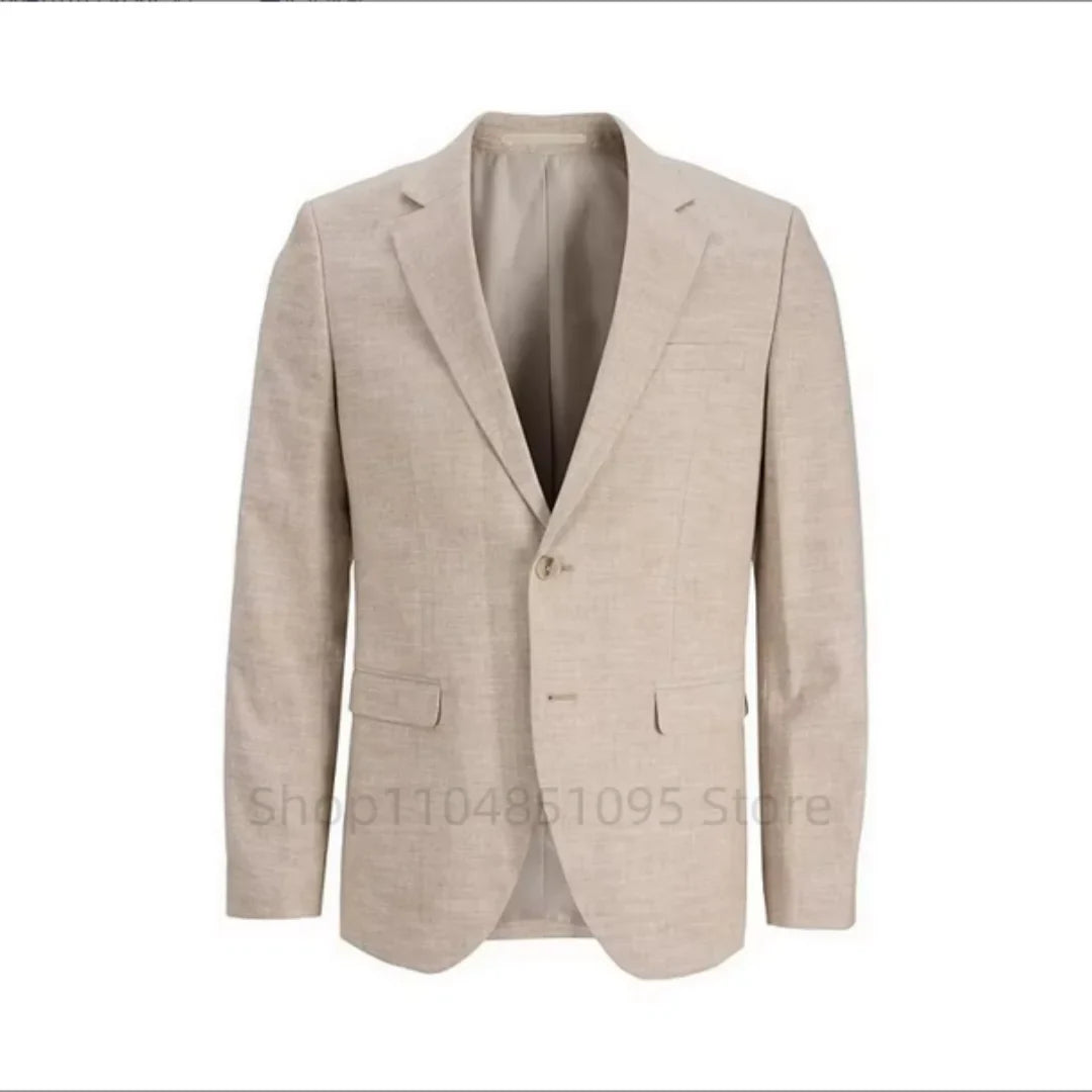 Summer Beige/Blue Slim Fit Men's Linen Suit Blazer Casual Business Wedding Prom Coat Spring Summer New Formal Wear Blazer Coat