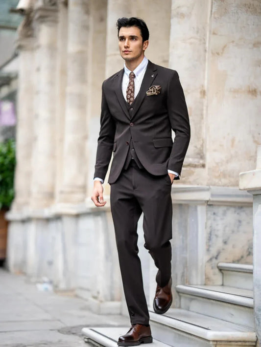 Brown Formal Men's Suits 3 Pieces Banquet Party Outfit,Notched Lapel Man Tuxedo Wedding Groom Sets Plus Size Business Set