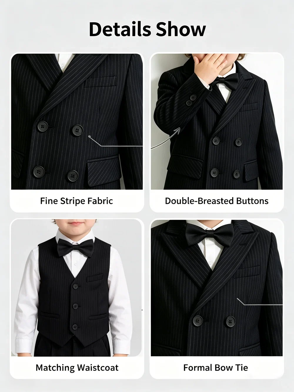 Boys Stripe Wedding Suit Set Kids Gentleman Costume Blazer Vest Pants Bow Tie Outfit for Banquet Christening Formal Party