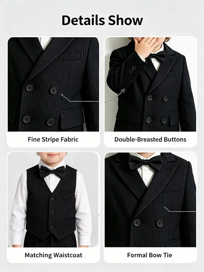 Boys Stripe Wedding Suit Set Kids Gentleman Costume Blazer Vest Pants Bow Tie Outfit for Banquet Christening Formal Party
