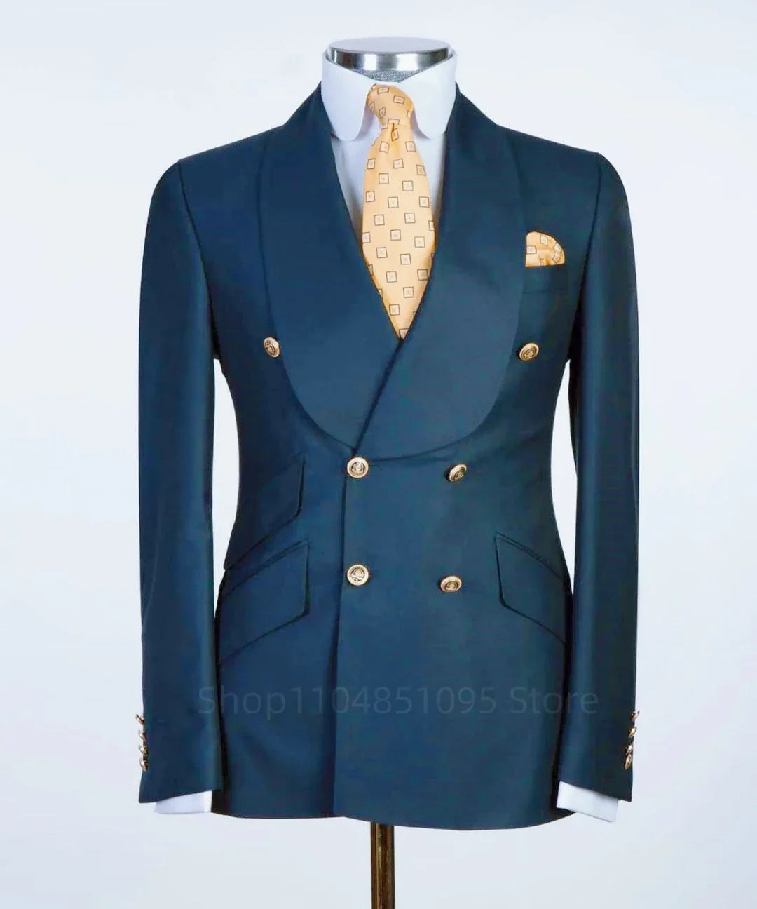 Formal Men Suit Jacket Slim Fit Navy Blue Long Sleeve Shawl Lapel Double Breasted Blazer Business One Coat Work Office Jacket