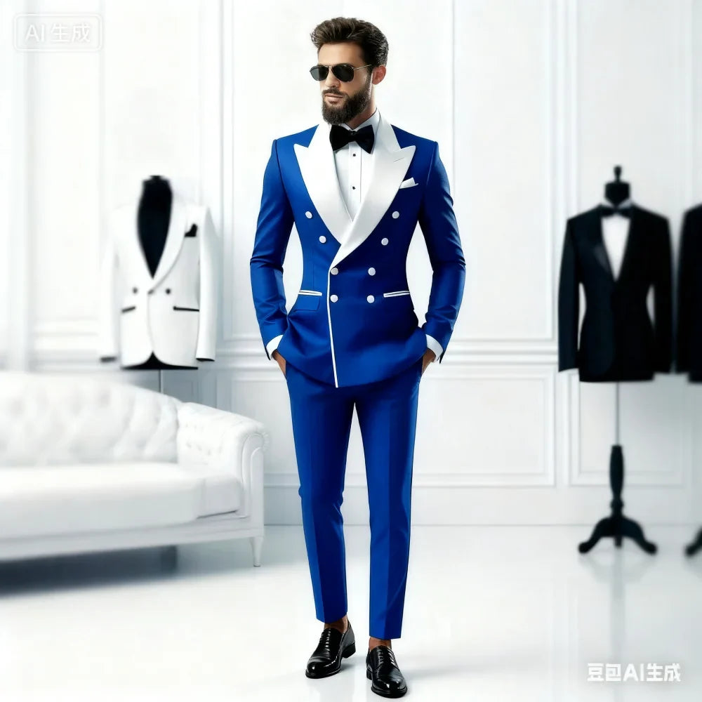 Ensemble décontracté 2 pièces pour homme avec blazer à revers blanc et pantalon noir Costume de mariage pour témoins pour cérémonie et fête