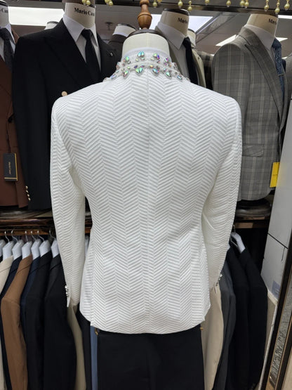 Jacquard Men's Luxurious Crystal Suits 3 Pieces Wedding Groom Sets,White Shawl Lapel Man Tuxedo For Party,Elegant Dancing Set