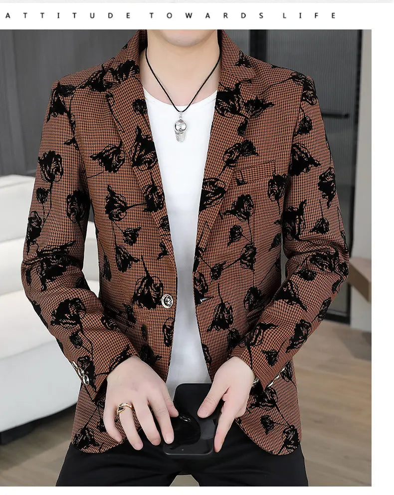 Blazer: Outdoor Fashion Business Gentleman Print Wedding Host Campus Slim-fit Casual Korean-style Youthful Versatile Men Blazer
