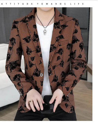 Blazer: Outdoor Fashion Business Gentleman Print Wedding Host Campus Slim-fit Casual Korean-style Youthful Versatile Men Blazer