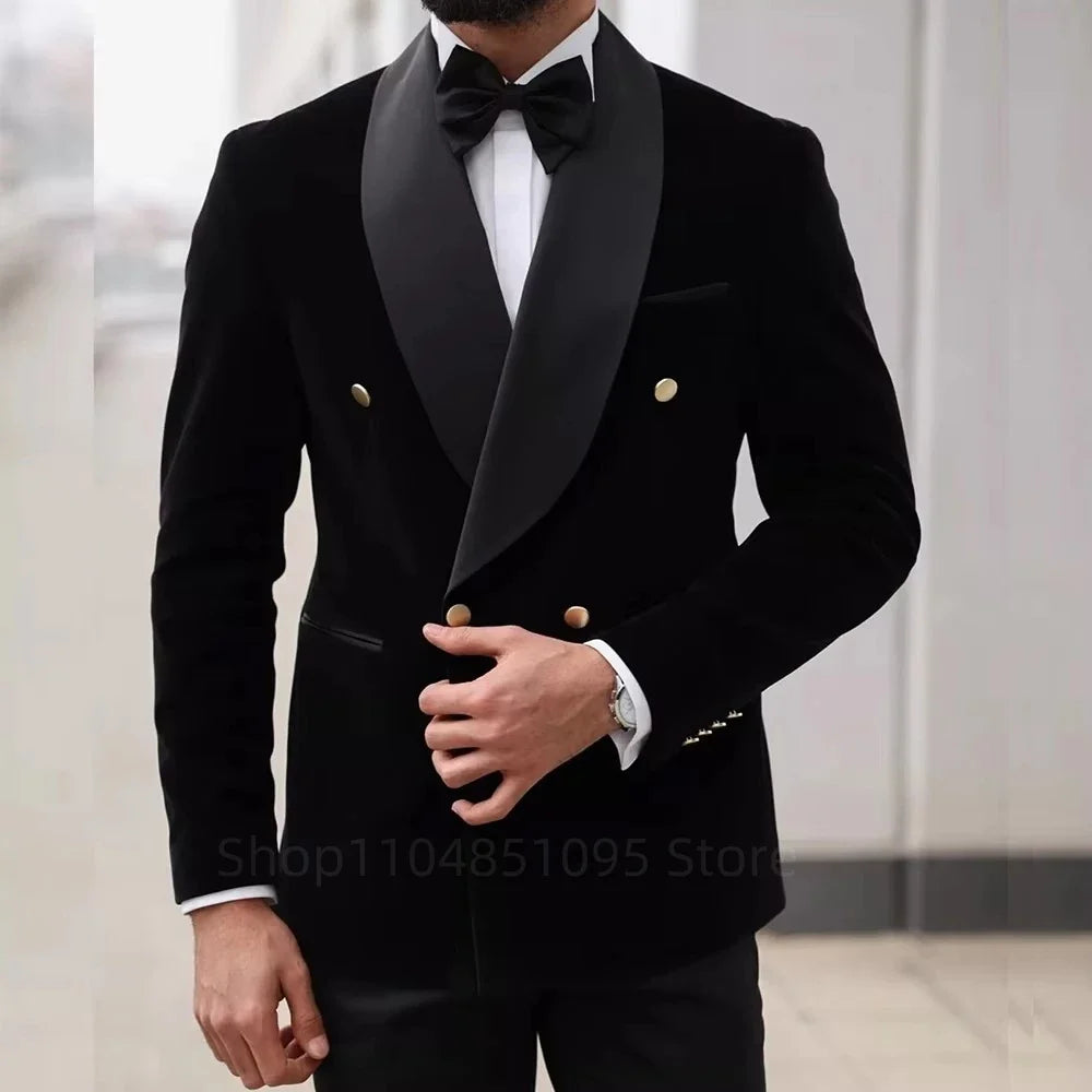 2-Piece Men's Black Velvet Suit Shawl Lapel Double Breasted Suit Blazer Business Wedding Party Men Tuxedos Jacket & Trousers