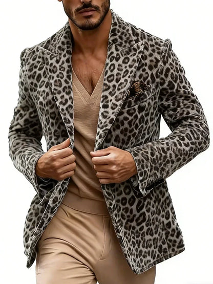 Men's Leopard Print Blazer Single Breasted Slim Fit Notch Lapel Tuxedo Jacket for Party and Prom