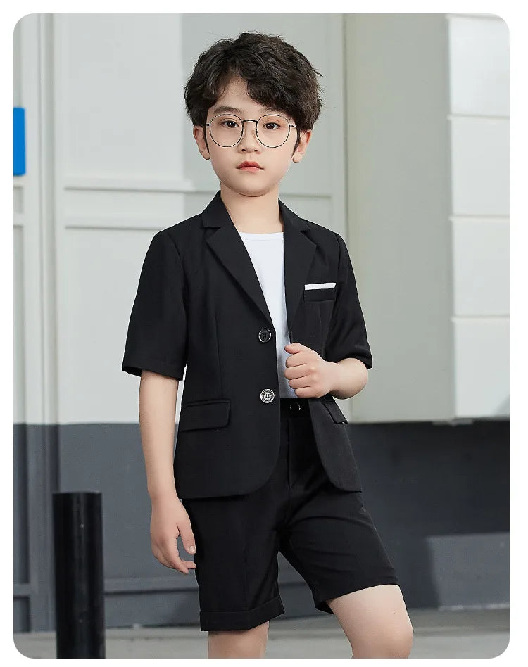 Boys Summer Solid Short Sleeve Suit Jacket Short Formal Dress Kids Wedding Blazer Child Photography Suit Toddler Tuxedo Costume