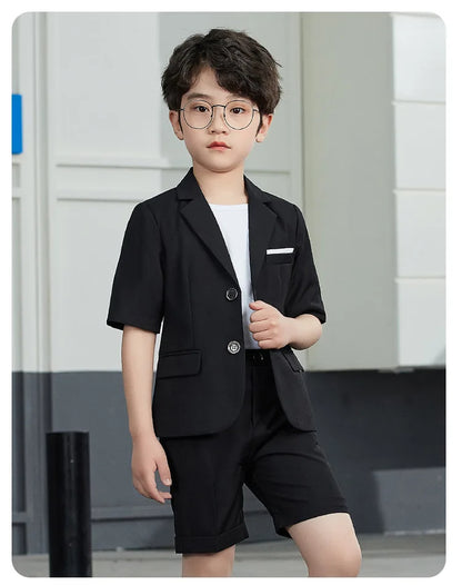 Boys Summer Solid Short Sleeve Suit Jacket Short Formal Dress Kids Wedding Blazer Child Photography Suit Toddler Tuxedo Costume