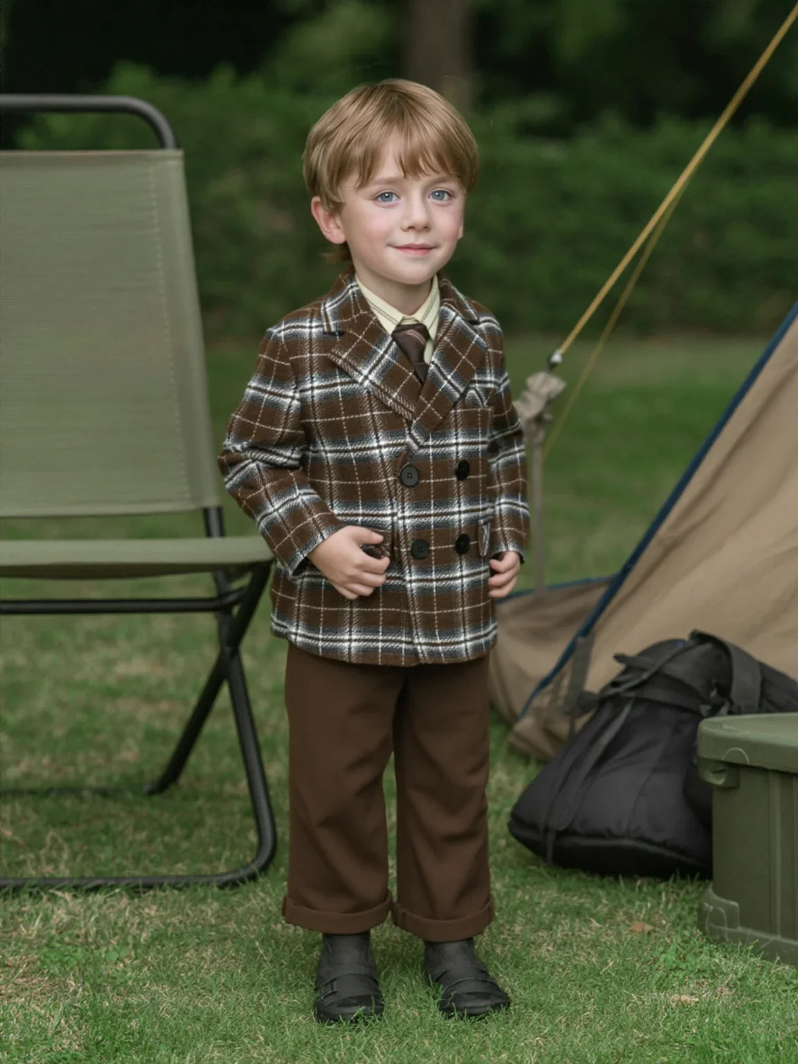 Birthday Formal Photography Outfit Flower Boys Brown Plaid Wedding Dress Kids Children's Piano Host Performance Costume