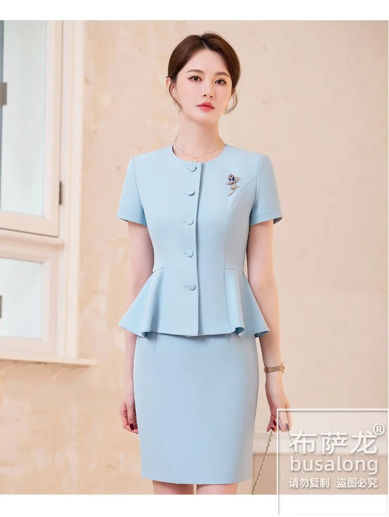 2025Summer Blue Short Sleeve Blazer Suit Professional Women's Skirt Set Short Skirt Elegant Fashion Formal Workwear