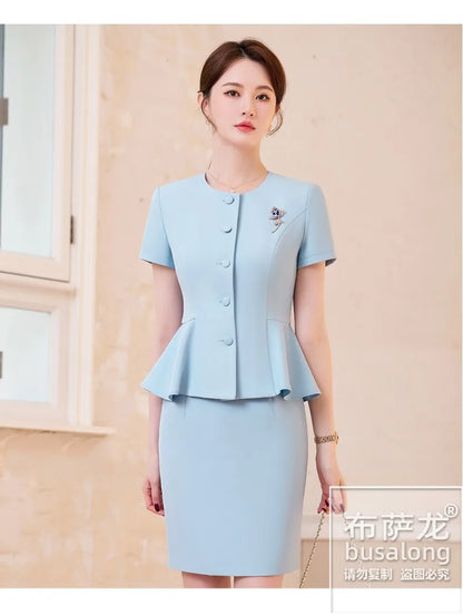 2025Summer Blue Short Sleeve Blazer Suit Professional Women's Skirt Set Short Skirt Elegant Fashion Formal Workwear