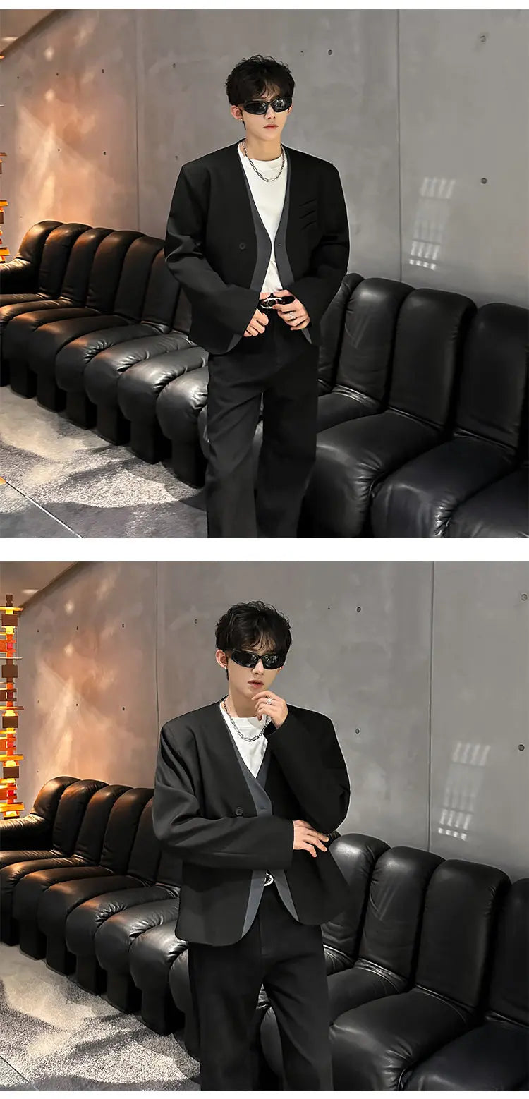 Color Contrast Fake Two Piece Design Handsome Korean Blazer Jacket Men Stylish Elegant V Neck Casual Male Clothes JY5226