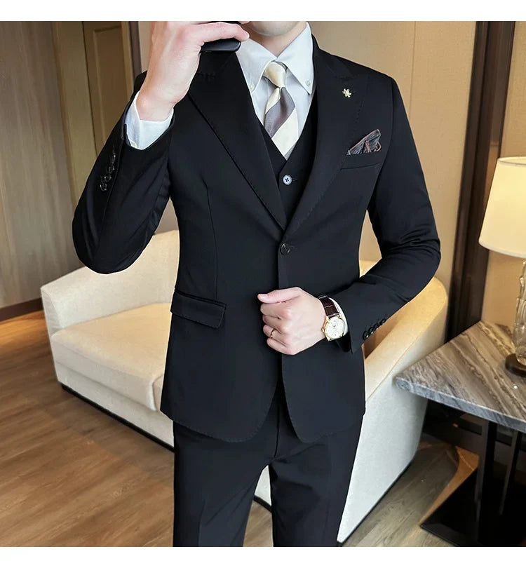 (Blazer + Vest + Trousers) 2024 New Men Formal Business Solid Suit 3 Pieces Set Italian Style Luxury Wedding Social Party Tuxedo