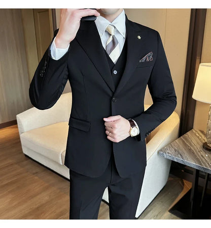 (Blazer + Vest + Trousers) 2024 New Men Formal Business Solid Suit 3 Pieces Set Italian Style Luxury Wedding Social Party Tuxedo