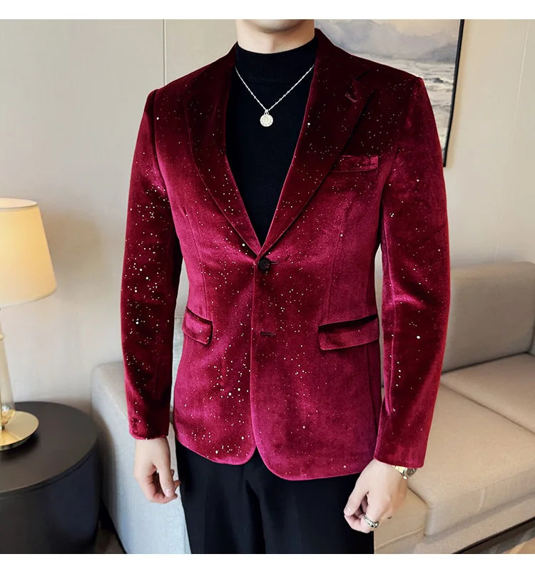 2025 Autumn New Velvet Jacket Men's Blazer Business Fashion Hot Stamping Printed Suit Jacket High-quality Luxury Dress Suit