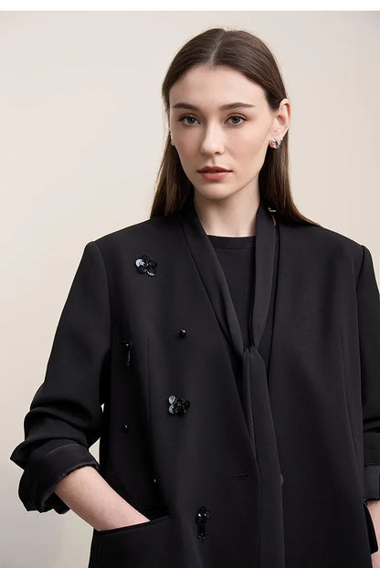 Women's Jacket 2026 Autumn New Elegant Commuter Beaded Flower Chiffon Streamer Tie Blazers Solid Loose V-Neck Top 12641078
