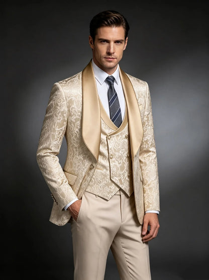 Costume trois pièces de smoking formel slim fit pour homme Champagne Jacquard avec revers châle, idéal pour mariage, affaires, témoin, soirée ou bal de promo
