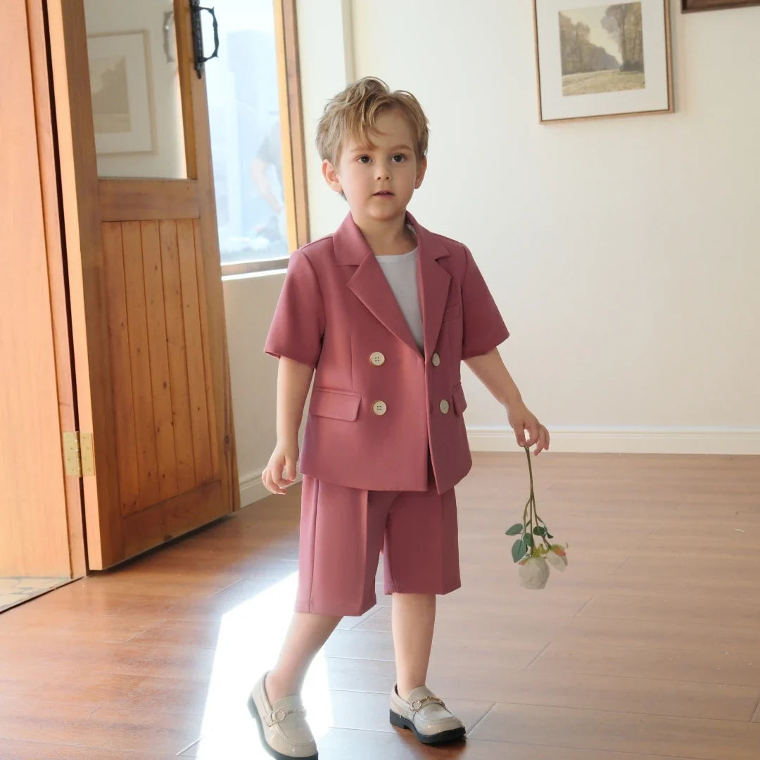 Summer Kids Clothes Fashion Notch Lapel Double Breasted Wear Short Sleeved Tops and Shorts Casual Formal Daily Boys Suits