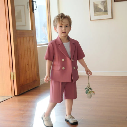 Summer Kids Clothes Fashion Notch Lapel Double Breasted Wear Short Sleeved Tops and Shorts Casual Formal Daily Boys Suits