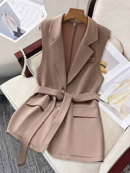 Fashion Sleeveless Slim Suit Collar Women Vest Spring Autumn New Single Breasted Elegant Lace Up Female Versatile Vest Tops 2025