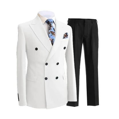 Men Suit 2 Pieces White Double Breasted Peak Lapel Formal For Wedding Groom Banquet Party Business Work Jacket And Black Pants